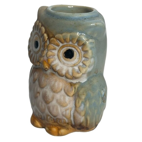 Blue Ceramic Owl Toothpick Holder Brown Accents Decorative Kitchen Charm 3” - Picture 2 of 8